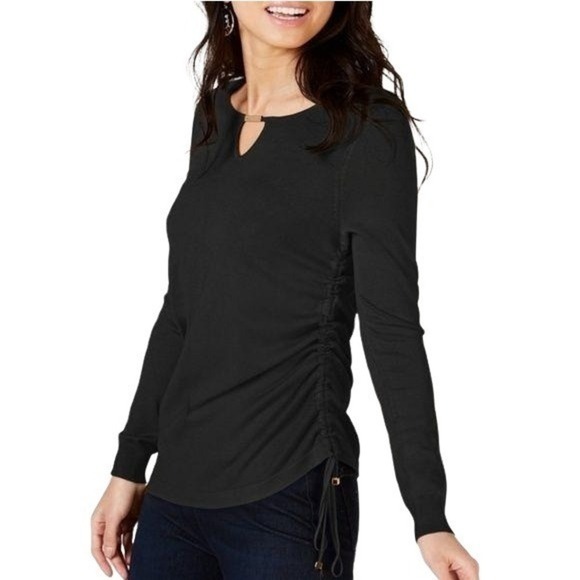 THALIA SODI Ruched Keyhole Long-Sleeve Sweater Black S - Picture 1 of 1